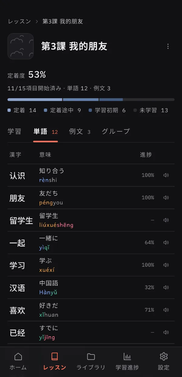レッスンの単語の一覧の画面